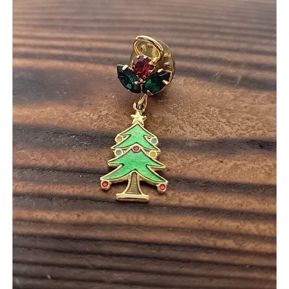 Christmas Tree Holiday Red and Green Rhinestone Pin Hat Lapel Tie Tack 1.5"